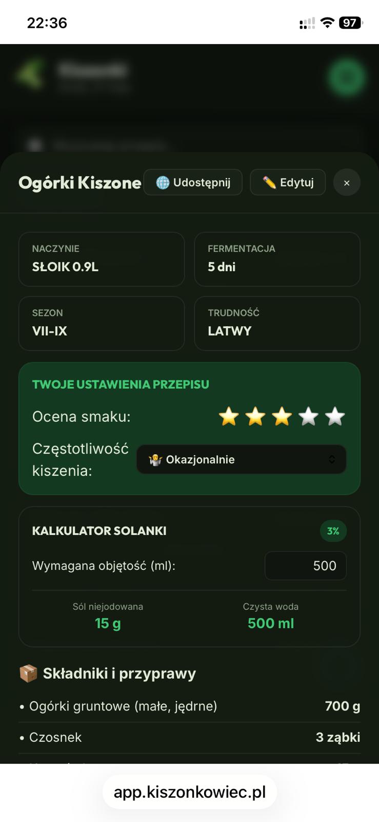 Zrzut ekranu kalkulatora solanki w przepisie - Kiszonkowiec
