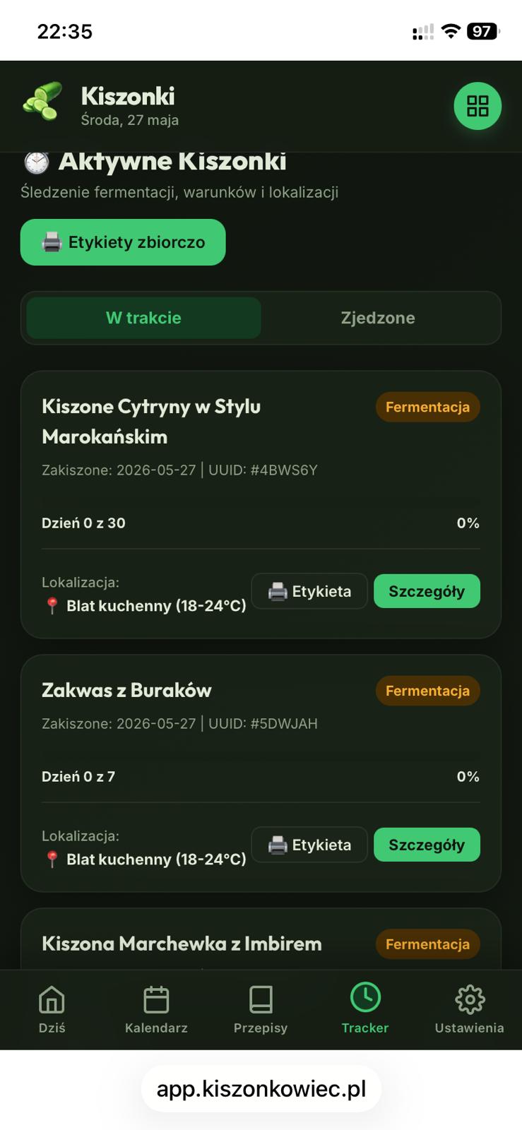 Zrzut ekranu listy aktywnych słoików - Kiszonkowiec