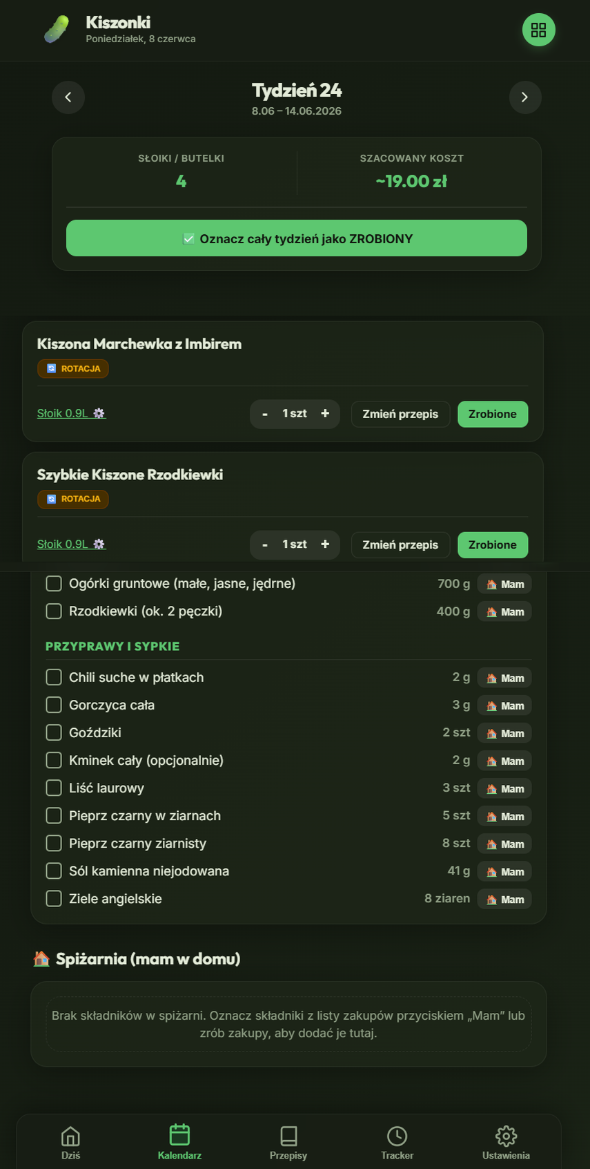 Zrzut ekranu - Kalendarz i lista zakupów