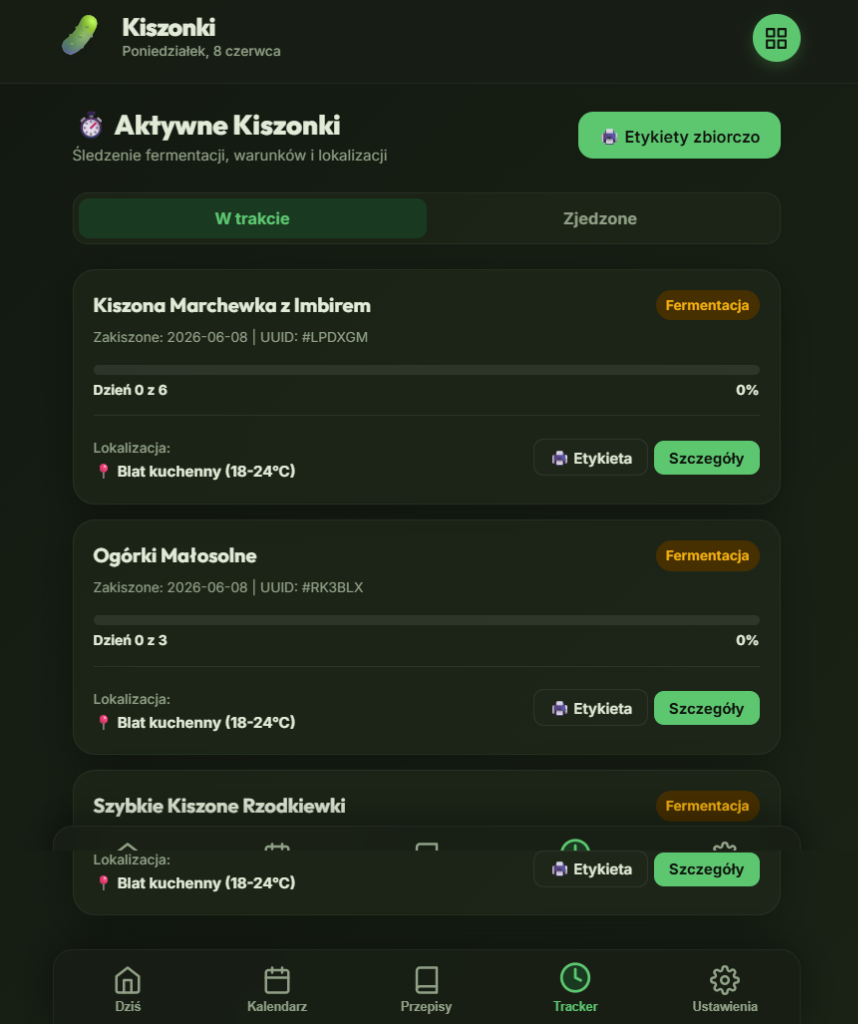 Zrzut ekranu - Tracker aktywnych kiszonek